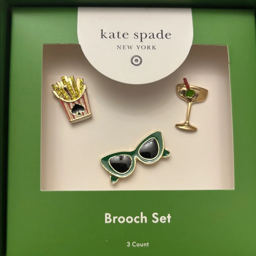 Kate Spade Target 3pk Novelty Pin Brooch Set Gold Pink and Green New Limited
